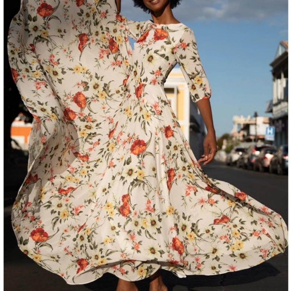 Yumi Kim Champagne & Strawberry Floral Blouson Sleeve Maxi Dress Size Medium - Picture 11 of 15